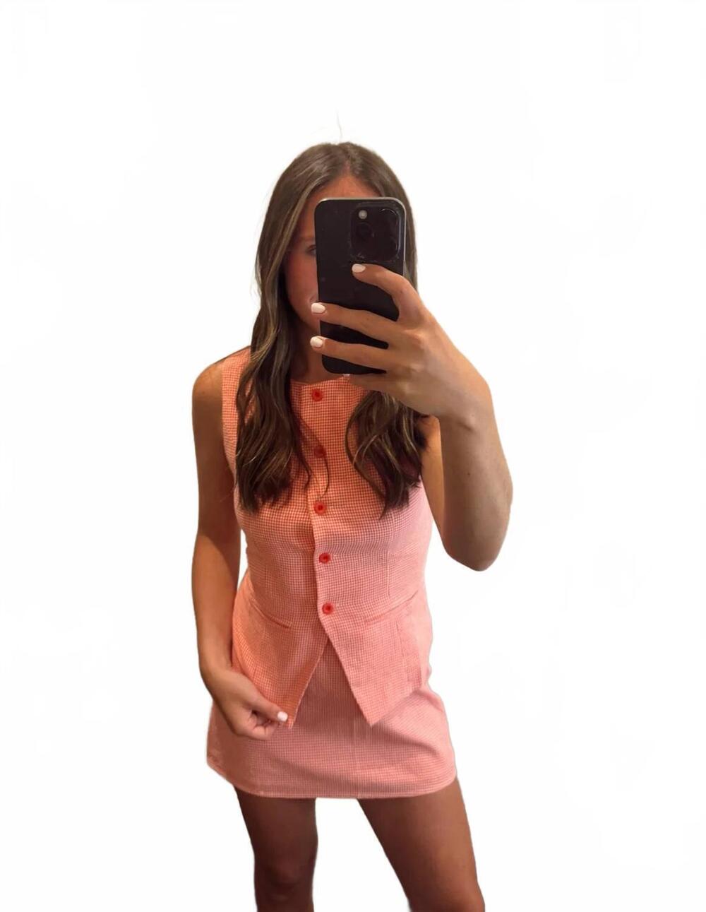 NEW LE LIS gingham sleeveless top and skirt set in red